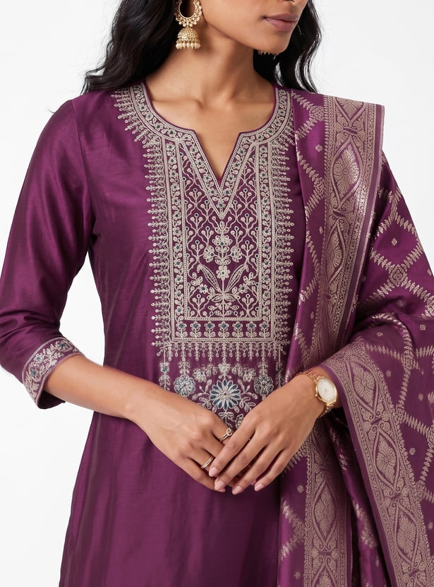 Women Embroidered A-line Kurta Set with Dupatta