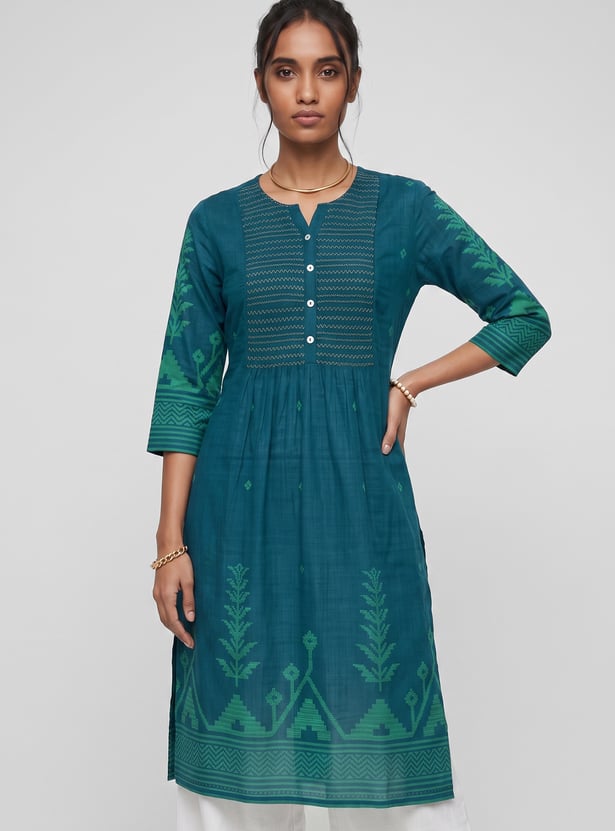 Women Smocked Yoke Straight Kurta