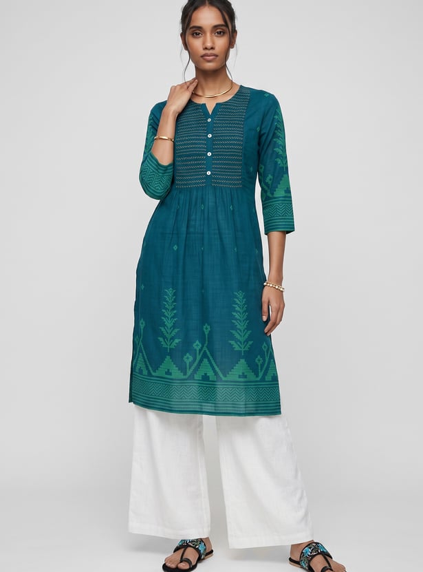 Women Smocked Yoke Straight Kurta