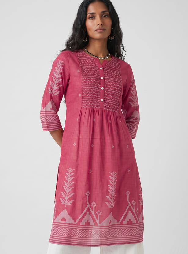 Women Smocked Yoke Straight Kurta