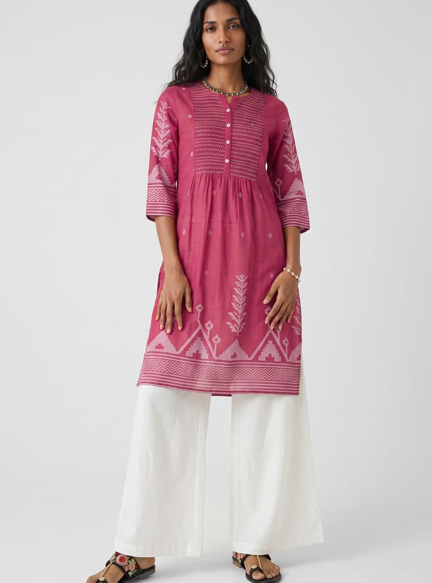 Women Smocked Yoke Straight Kurta
