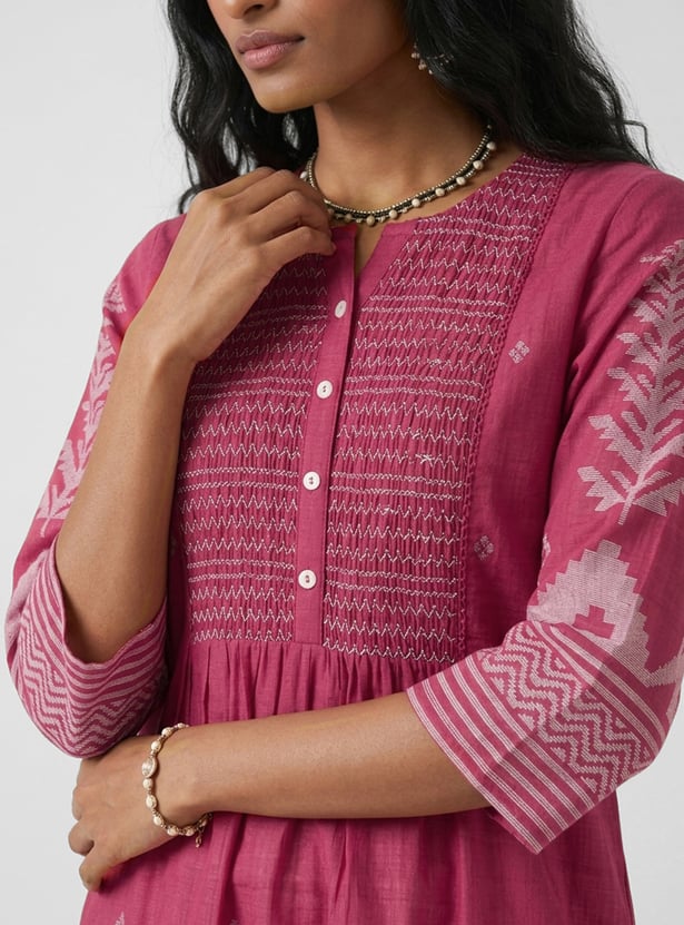 Women Smocked Yoke Straight Kurta