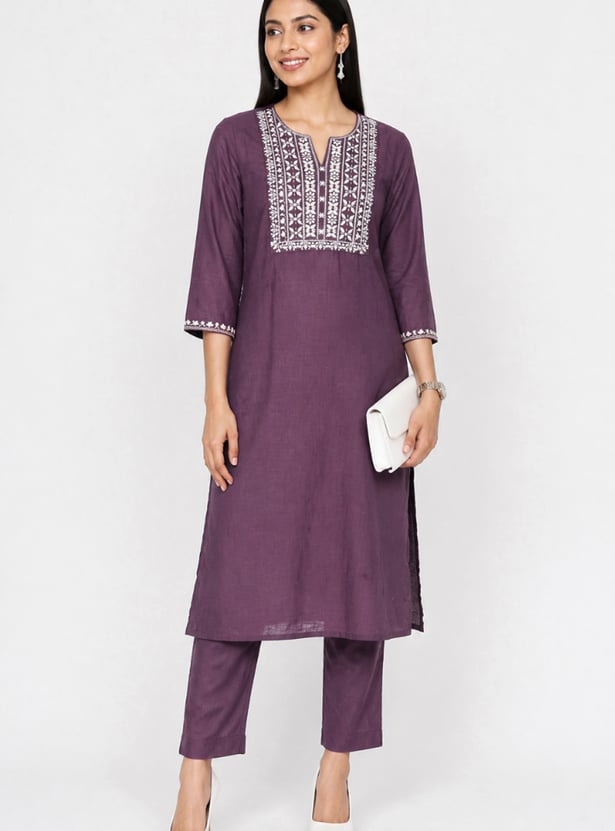 Women Embroidered Straight Kurta Set