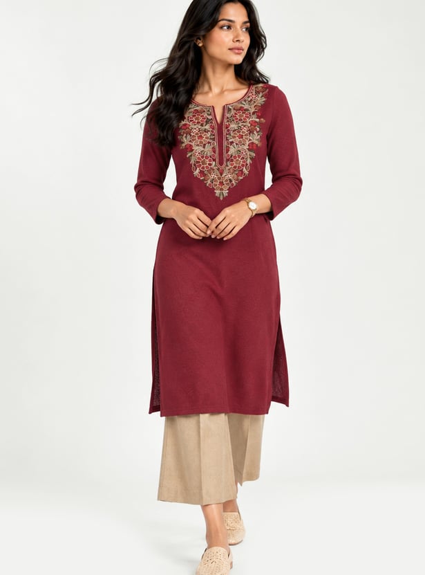 Women Embroidered Straight Winter Kurta