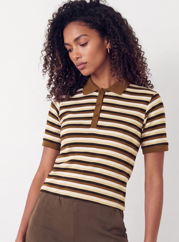 Women Striped Sport Polo T-shirt