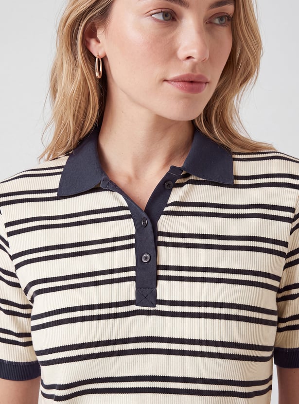 Women Striped Sport Polo T-shirt