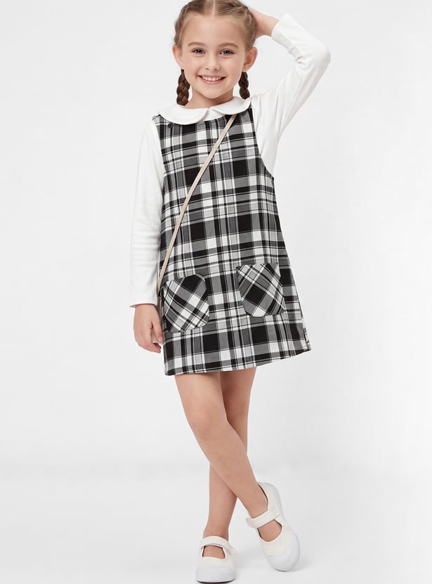 Girls Checked Dungaree Dress with Top