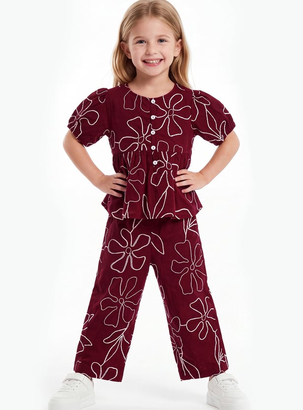 Girls Floral Embroidered Trousers Set
