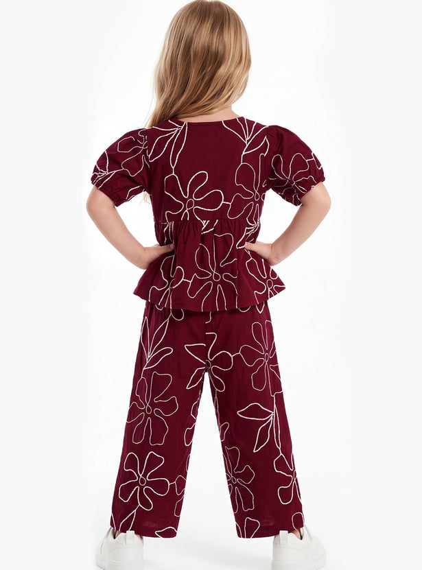 Girls Floral Embroidered Trousers Set