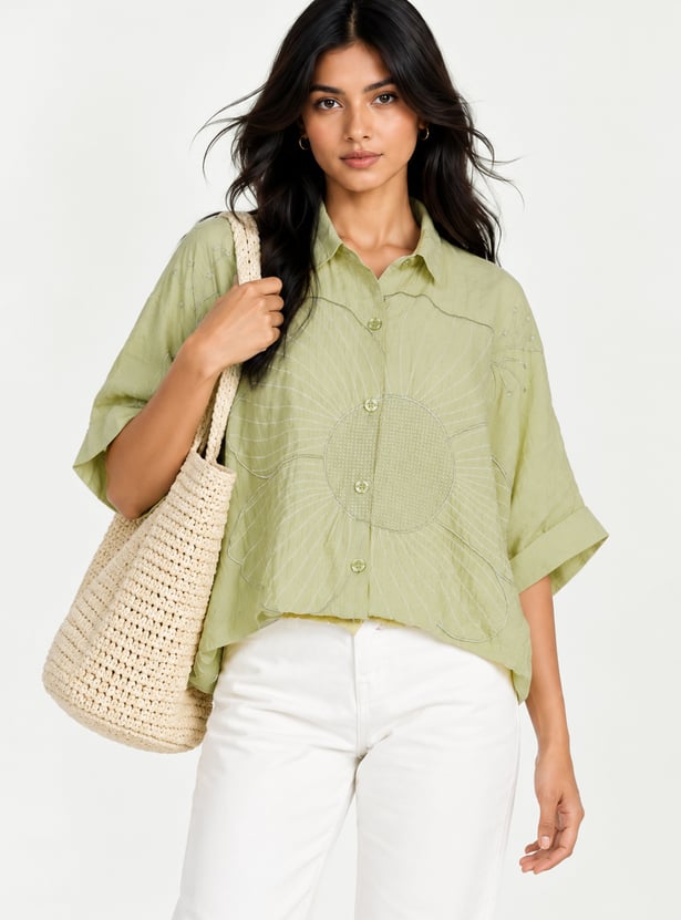 Women Shirt Collar Embroidered Tunic