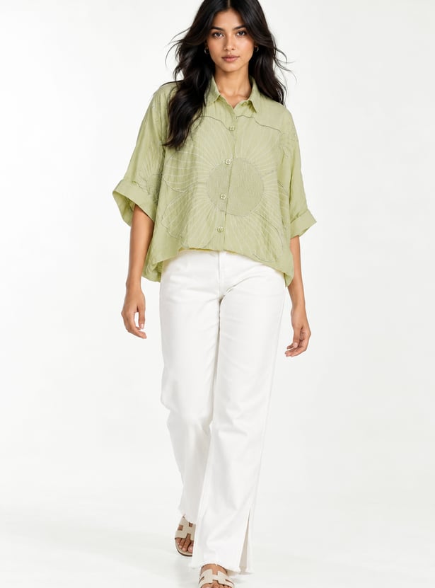 Women Shirt Collar Embroidered Tunic