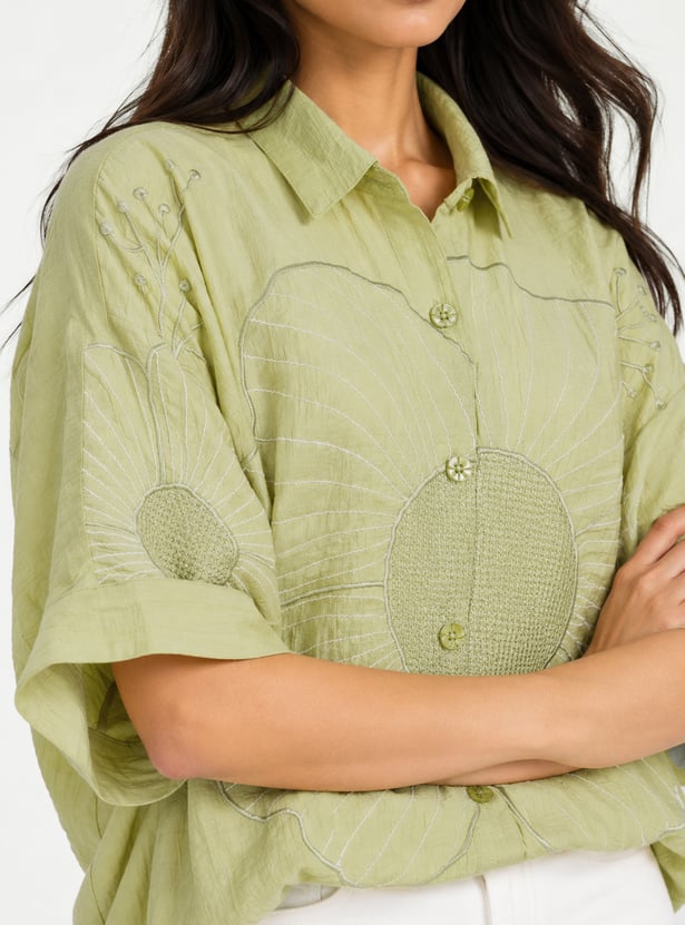 Women Shirt Collar Embroidered Tunic
