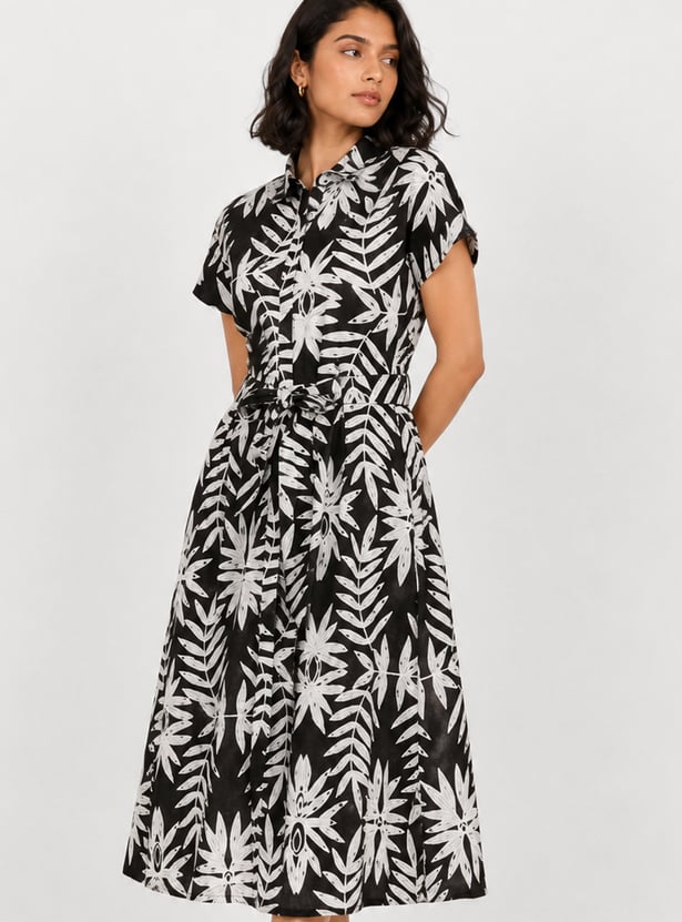 Women Printed Belted Shirt Dress
