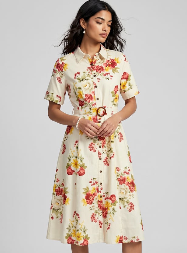 Women Floral Print Belted Shirt Dress