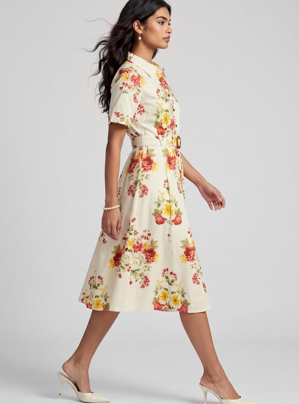 Women Floral Print Belted Shirt Dress