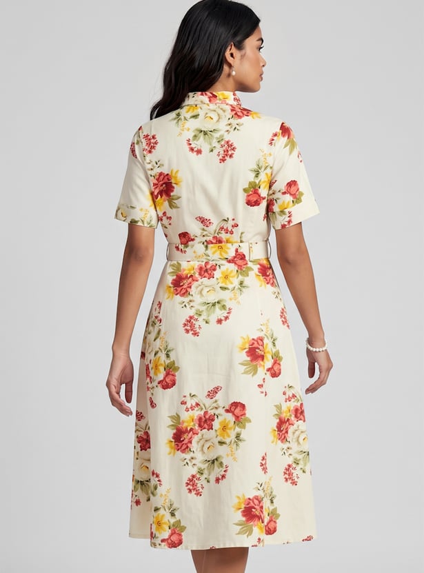 Women Floral Print Belted Shirt Dress