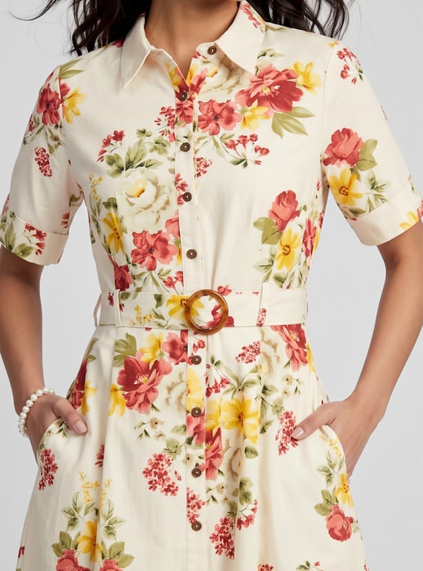 Women Floral Print Belted Shirt Dress