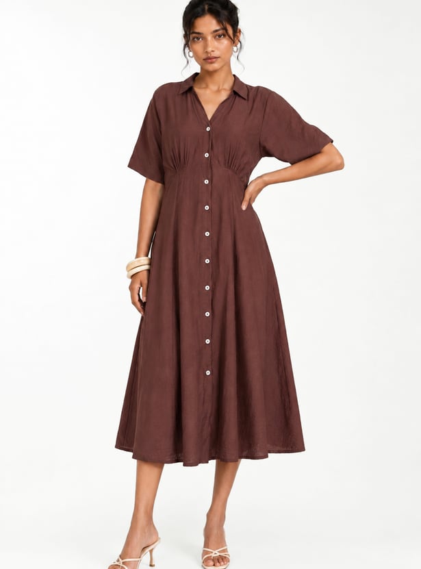 Women Solid A-line Midi Dress
