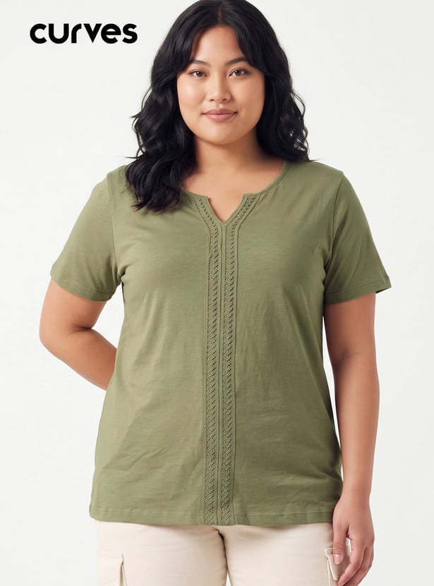 Women Lace-Detailed Notched Neck Top