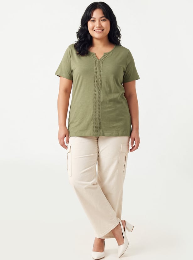Women Lace-Detailed Notched Neck Top