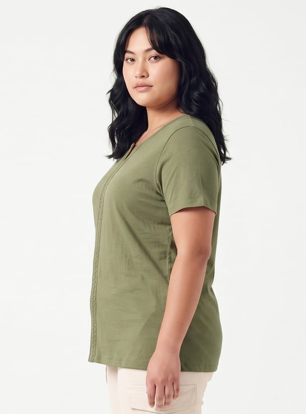 Women Lace-Detailed Notched Neck Top