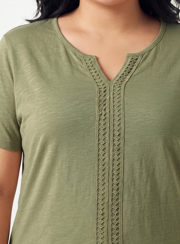 Women Lace-Detailed Notched Neck Top