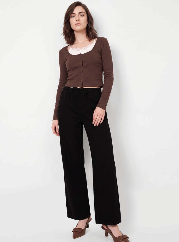 High Rise Solid Denim Trousers