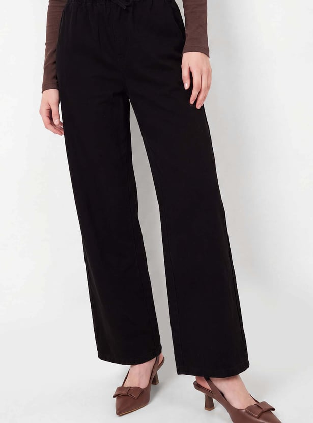 High Rise Solid Denim Trousers