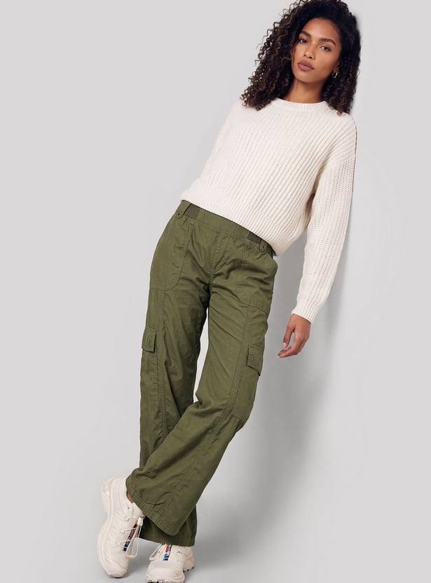 Men Solid Cargo Jeans High Rise