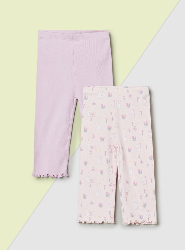 Girls Ribbed and Printed Leggings - Pack of 2