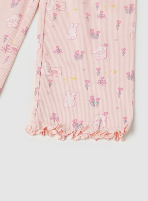 Girls Ribbed and Printed Leggings - Pack of 2
