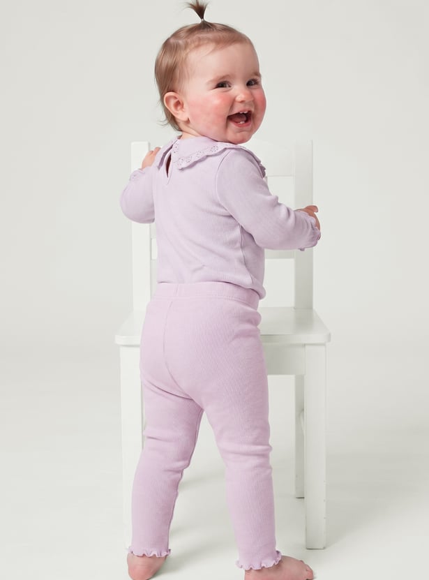 Girls Ribbed and Printed Leggings - Pack of 2