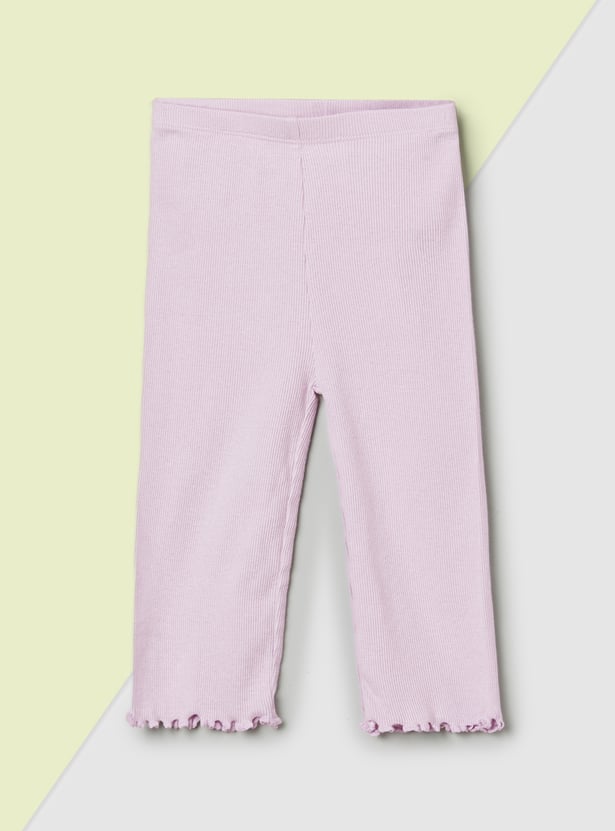 Girls Ribbed and Printed Leggings - Pack of 2