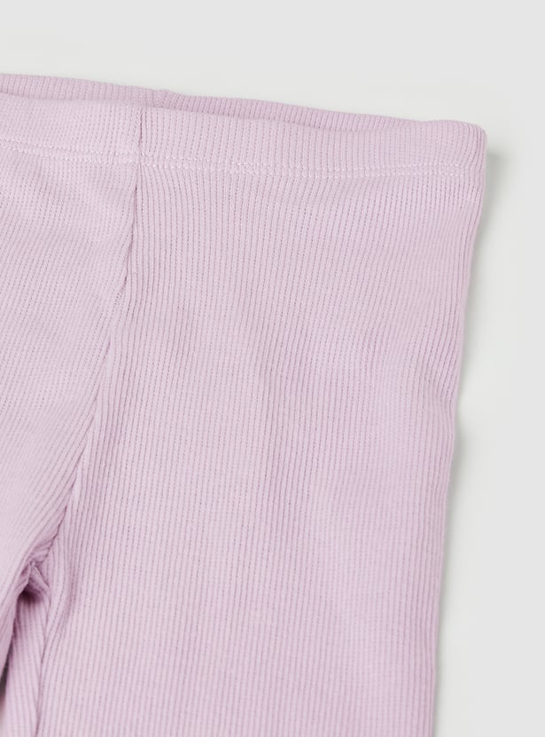 Girls Ribbed and Printed Leggings - Pack of 2