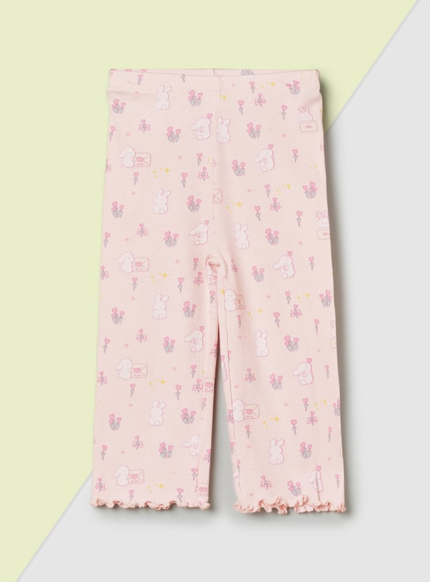 Girls Ribbed and Printed Leggings - Pack of 2