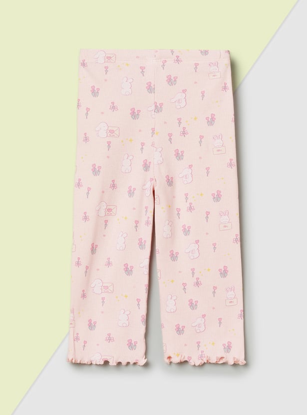 Girls Ribbed and Printed Leggings - Pack of 2