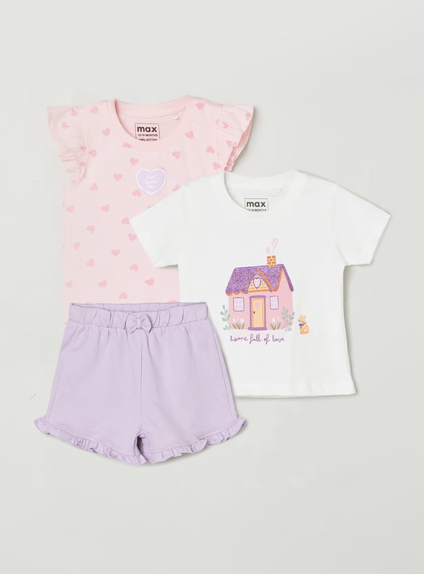 Girls Printed Tops - Pack of 2 Tops & 1 Shorts