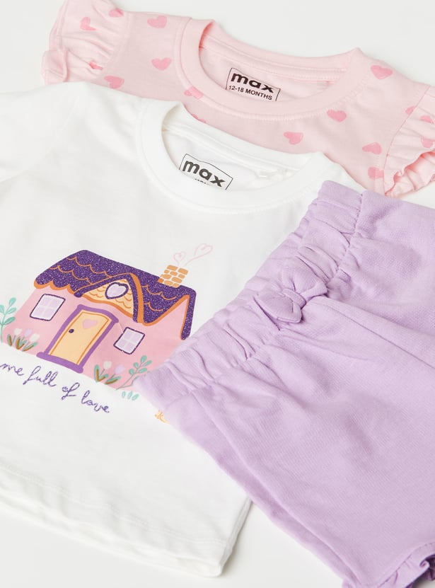 Girls Printed Tops - Pack of 2 Tops & 1 Shorts