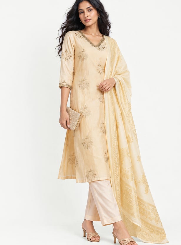 Women Embroidered Straight Kurta Set with Dupatta