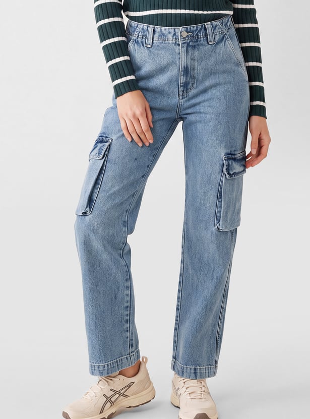 Women Light Wash High-Rise Cargo Jeans