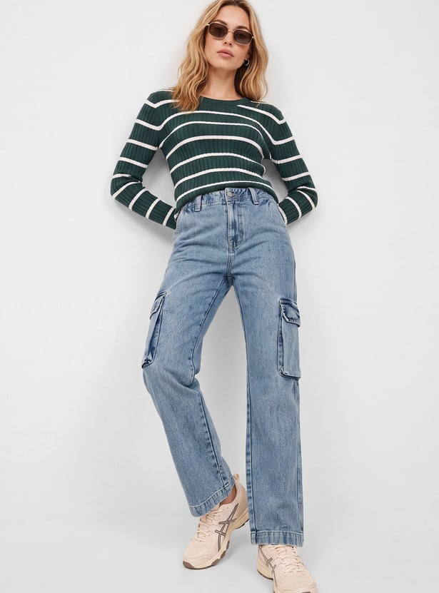 Women Light Wash High-Rise Cargo Jeans