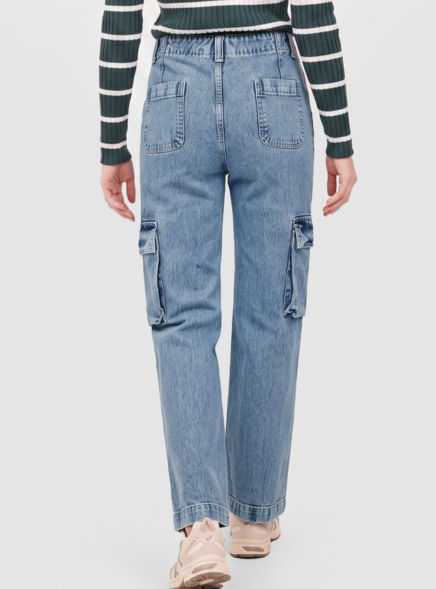 Women Light Wash High-Rise Cargo Jeans