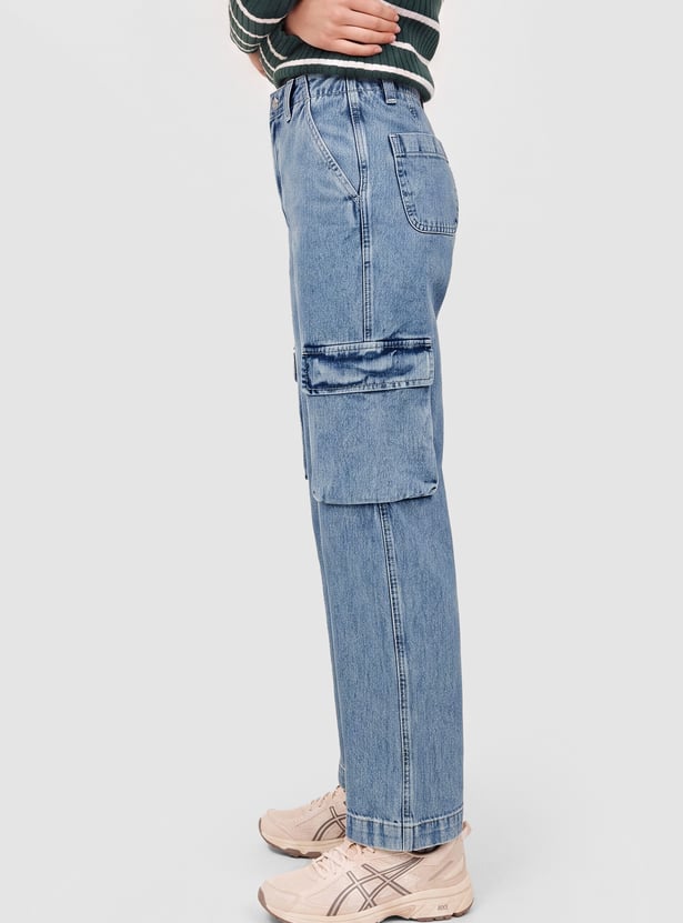 Women Light Wash High-Rise Cargo Jeans