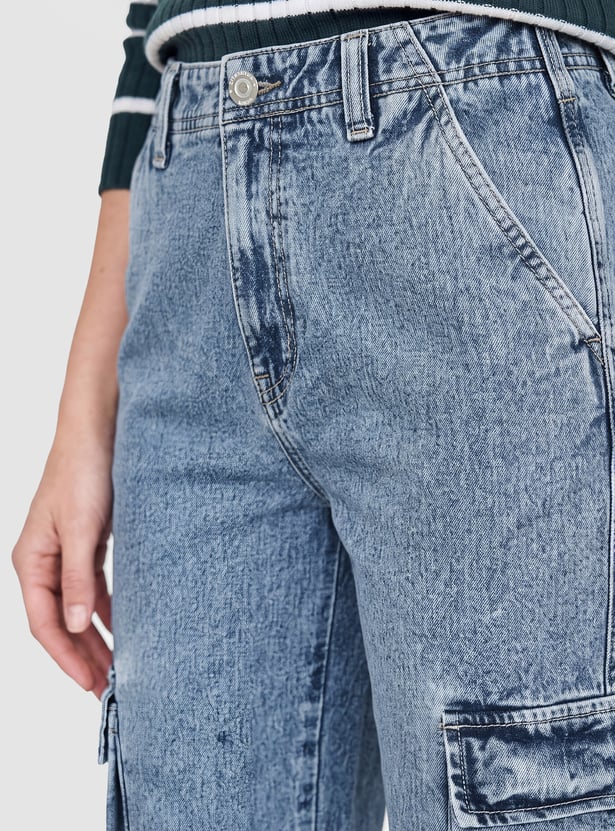 Women Light Wash High-Rise Cargo Jeans