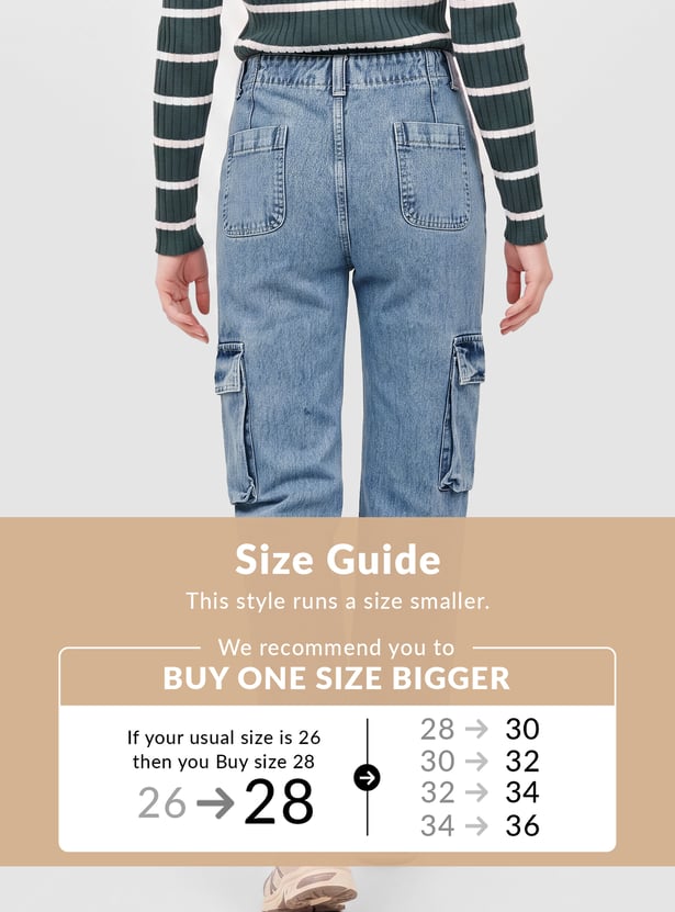 Women Light Wash High-Rise Cargo Jeans