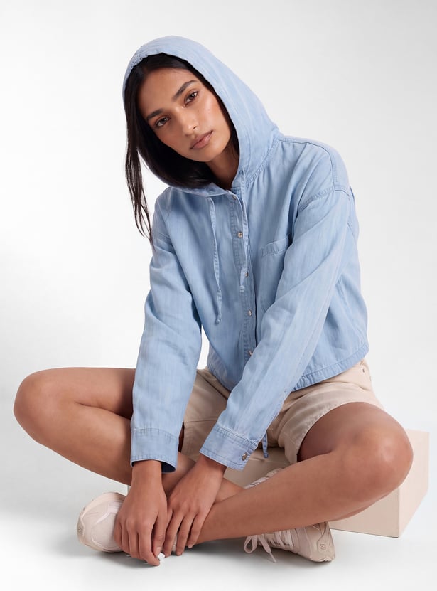 Women Hooded Denim Shirt