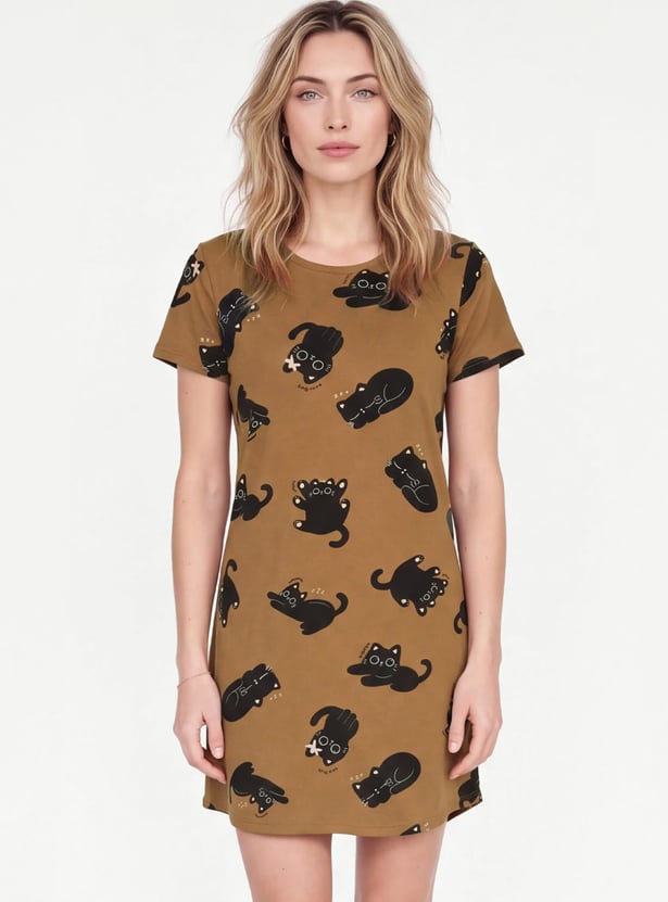 Women Cat Printed Nightdress