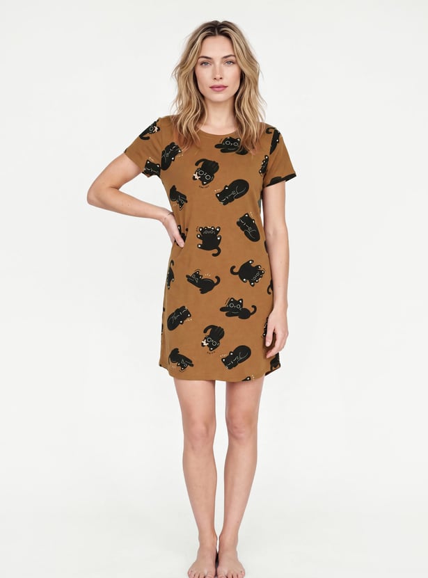 Women Cat Printed Nightdress