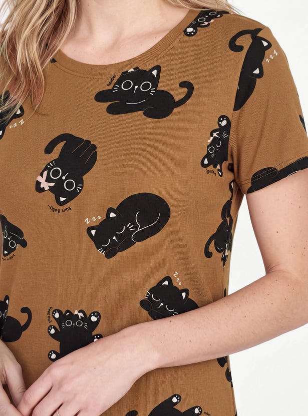 Women Cat Printed Nightdress