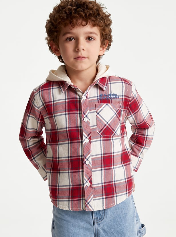 Boys Checked Hooded Shirt